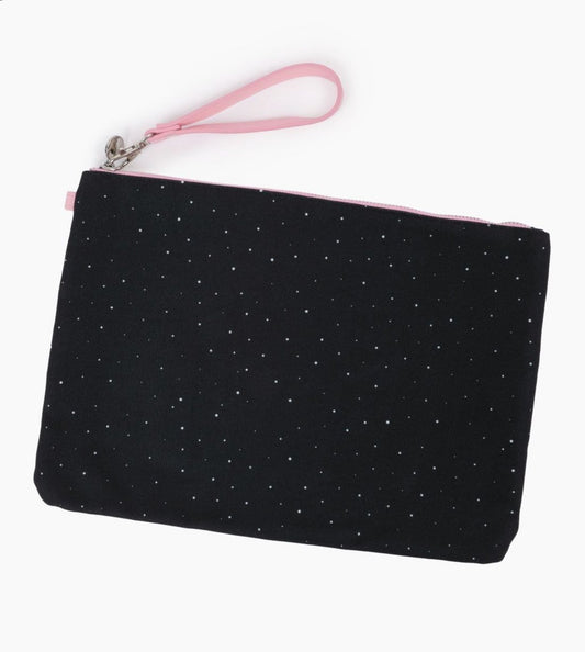 Black zipper pouch with pink removable wristlet