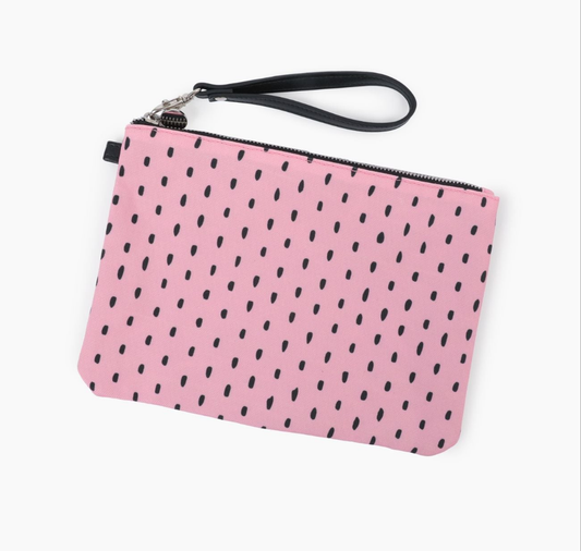 pink zipper canvas pouch with removable black wristlet